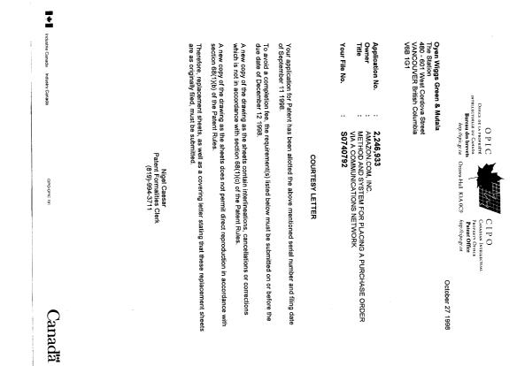 Canadian Patent Document 2246933. Correspondence 19981027. Image 1 of 1