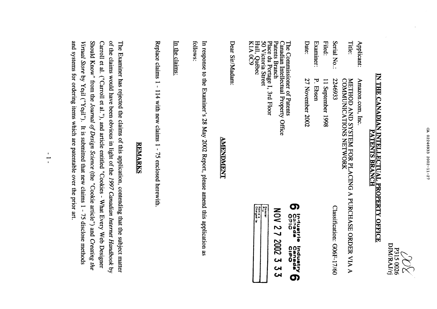 Canadian Patent Document 2246933. Prosecution-Amendment 20011227. Image 1 of 13