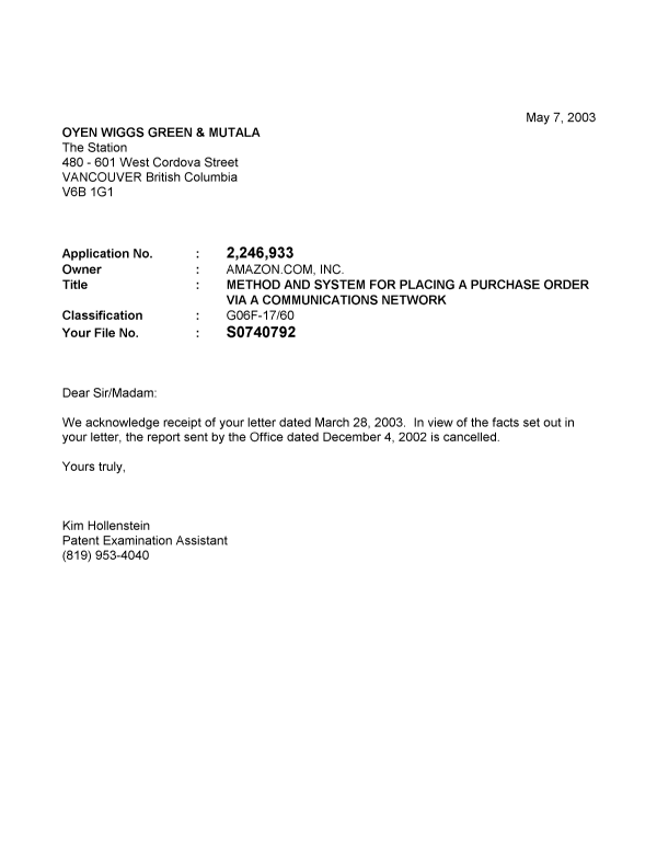 Document de brevet canadien 2246933. Correspondance 20030507. Image 1 de 1