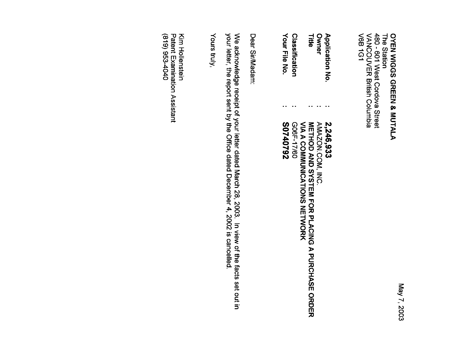 Canadian Patent Document 2246933. Correspondence 20030507. Image 1 of 1