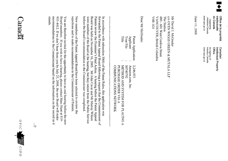 Document de brevet canadien 2246933. Correspondance 20080611. Image 1 de 2