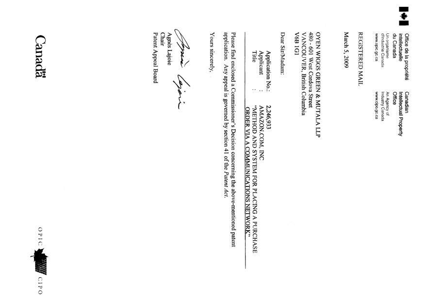 Canadian Patent Document 2246933. Correspondence 20081205. Image 1 of 62