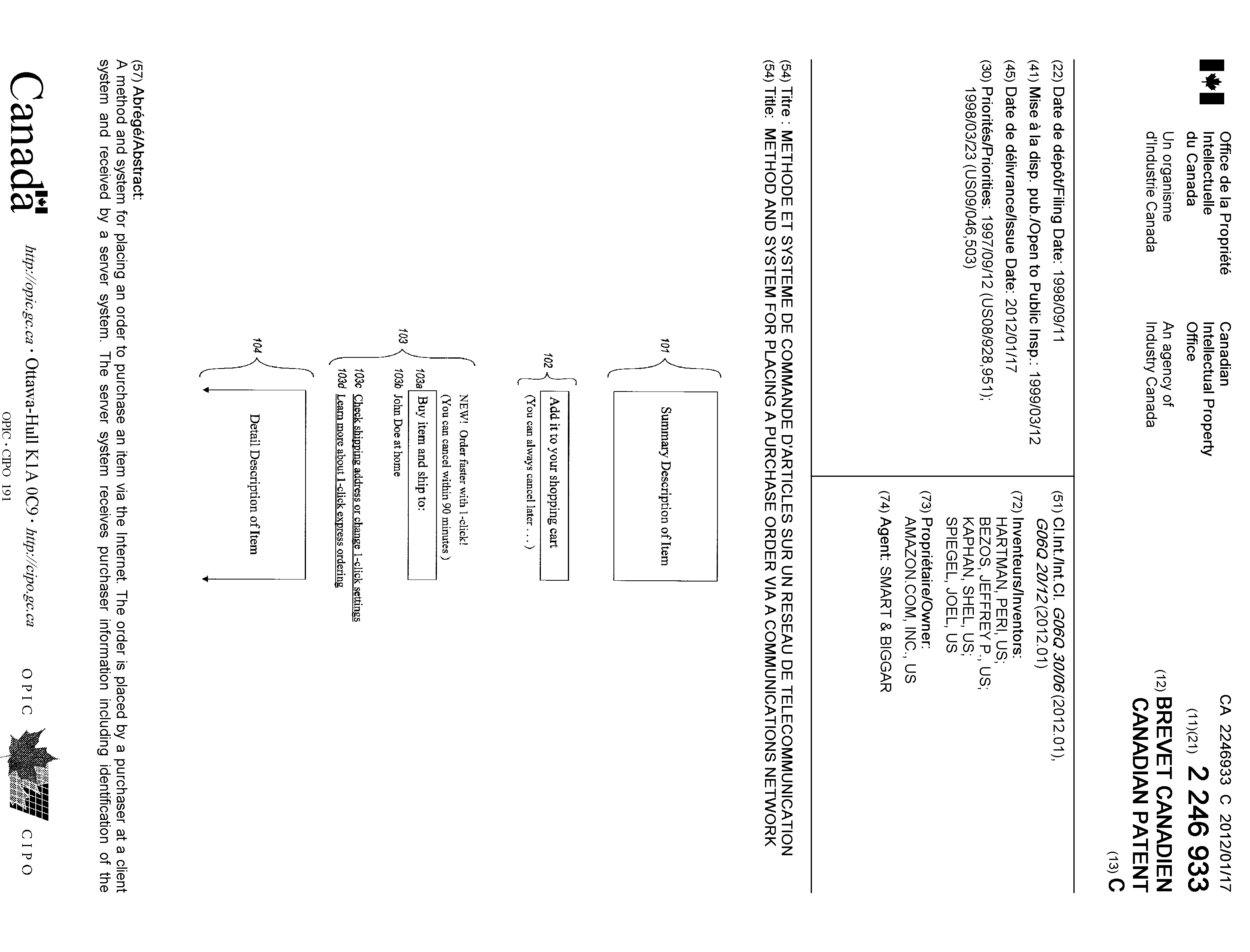 Canadian Patent Document 2246933. Cover Page 20111216. Image 1 of 2