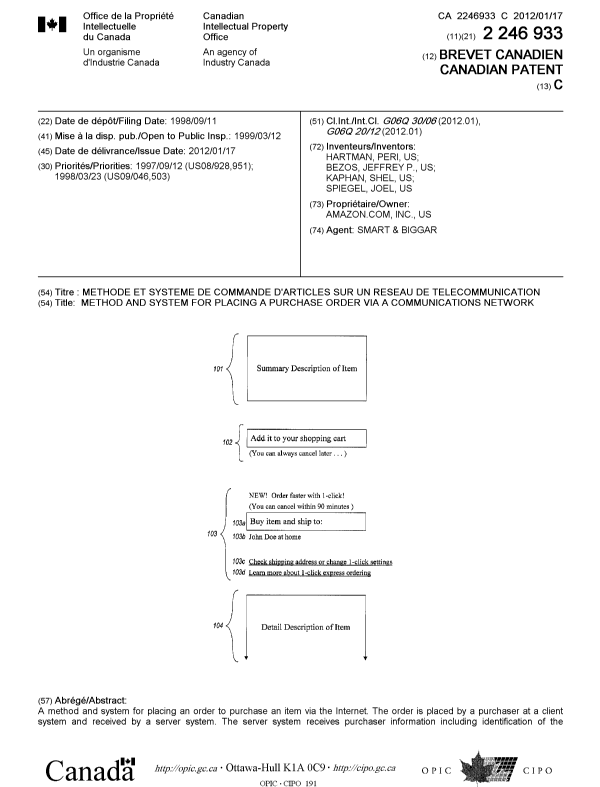 Document de brevet canadien 2246933. Page couverture 20111216. Image 1 de 2