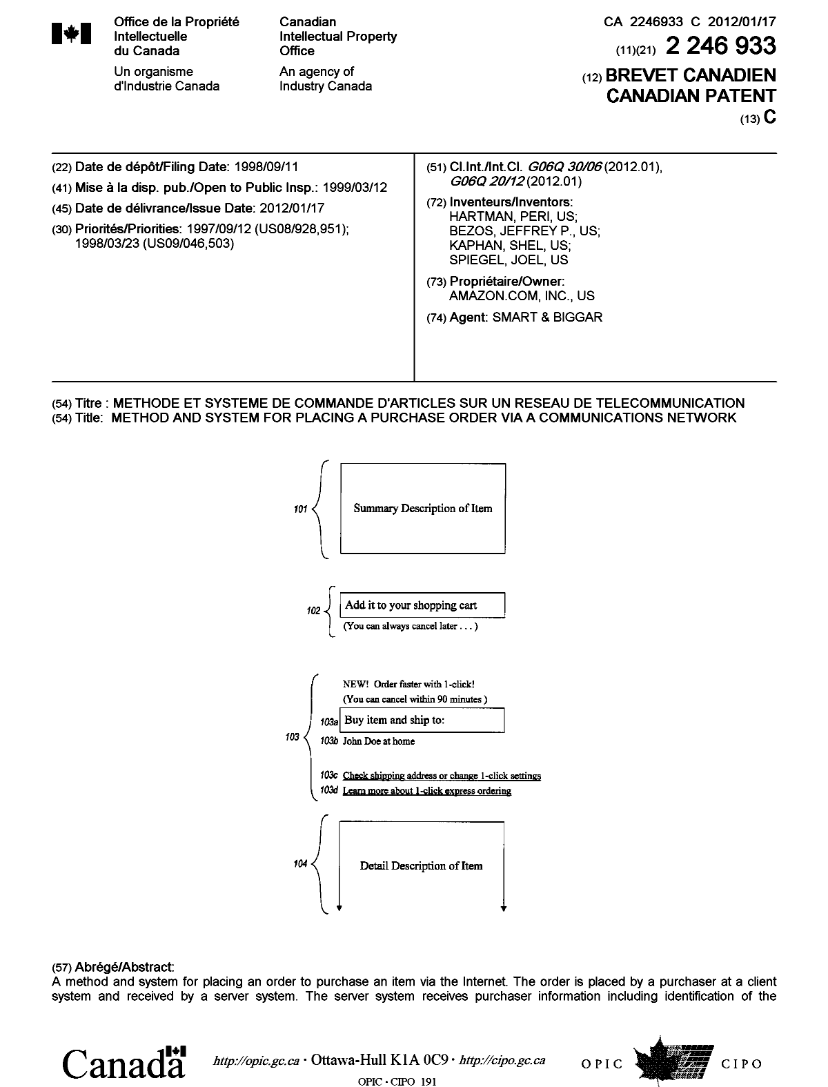 Document de brevet canadien 2246933. Page couverture 20111216. Image 1 de 2