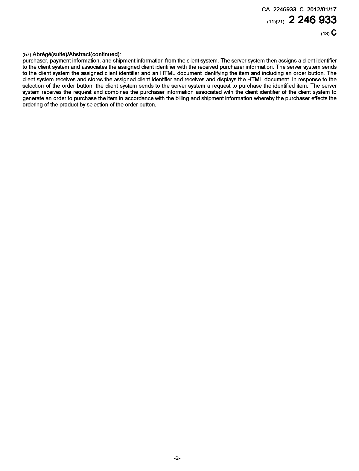 Document de brevet canadien 2246933. Page couverture 20111216. Image 2 de 2