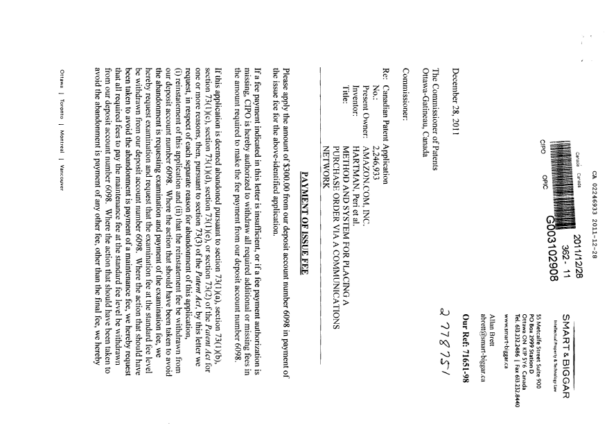 Document de brevet canadien 2246933. Correspondance 20111228. Image 1 de 2
