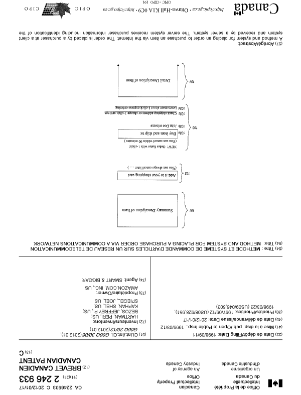 Document de brevet canadien 2246933. Page couverture 20120116. Image 1 de 2