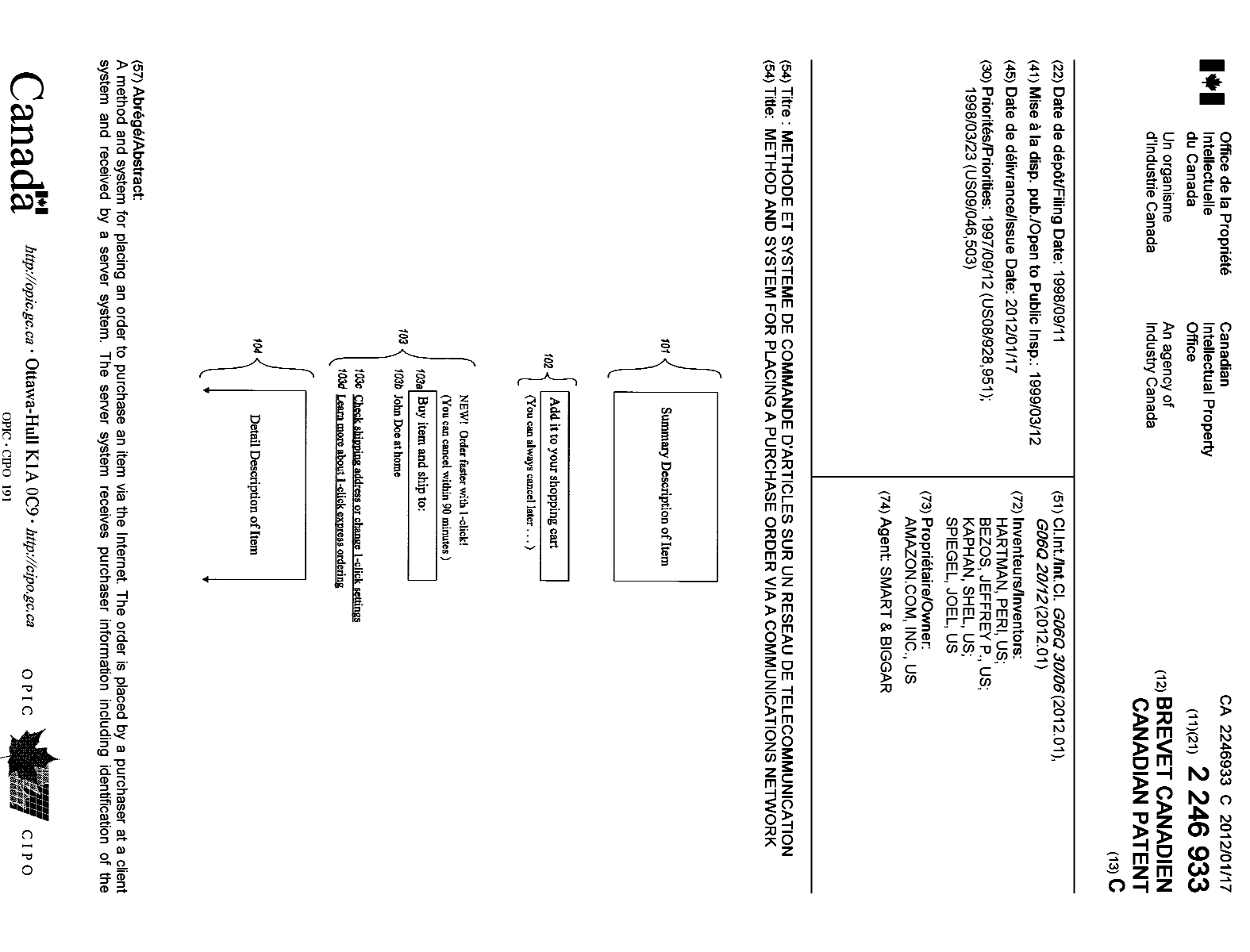 Document de brevet canadien 2246933. Page couverture 20120116. Image 1 de 2