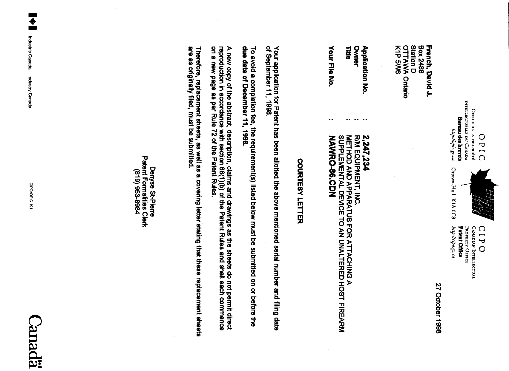 Canadian Patent Document 2247234. Correspondence 19981027. Image 1 of 1