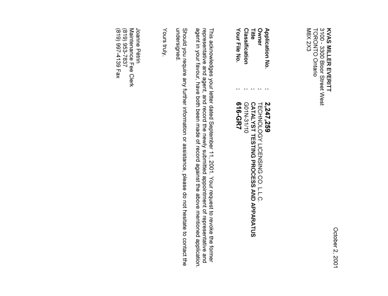 Document de brevet canadien 2247259. Correspondance 20011002. Image 1 de 1