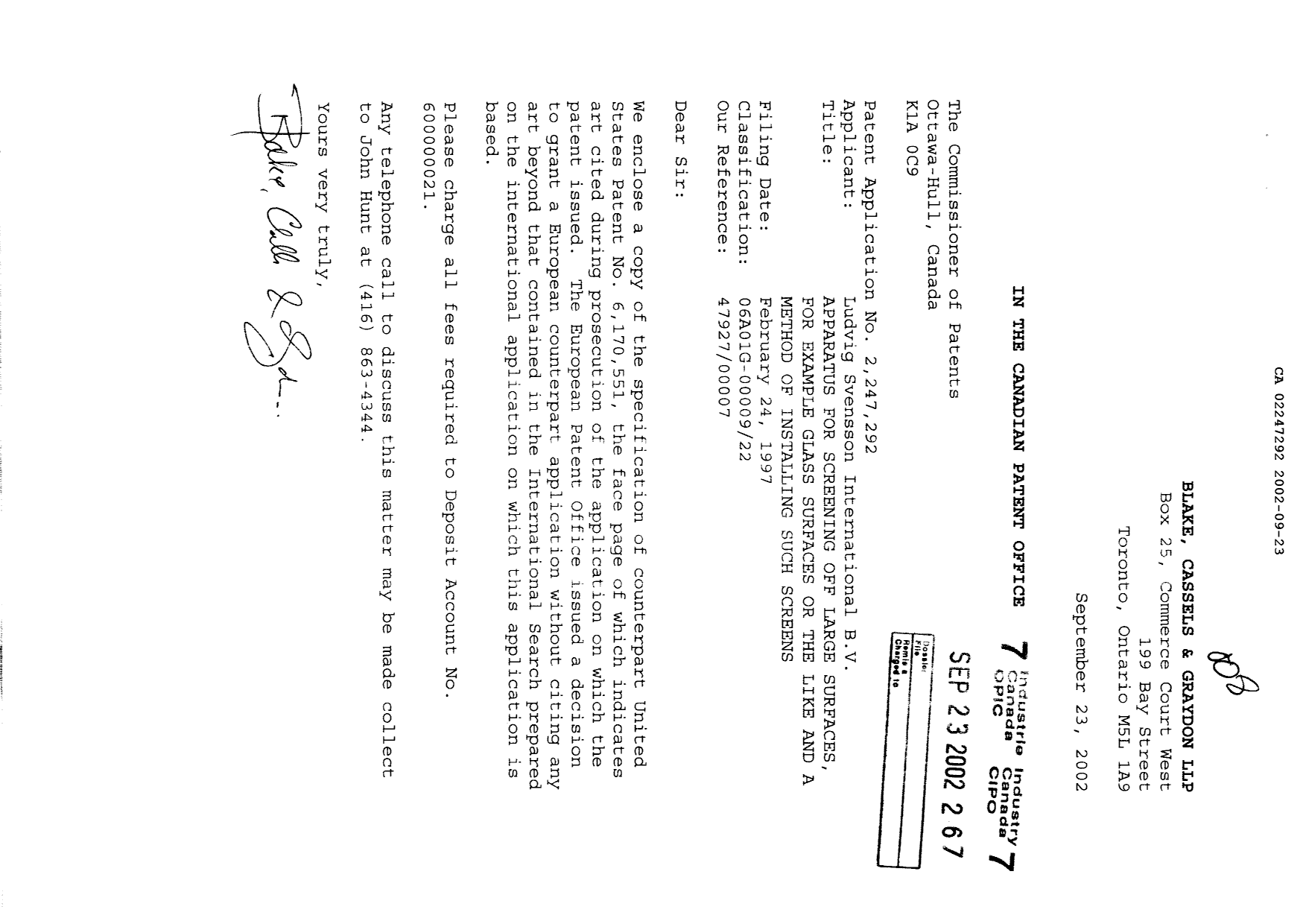 Canadian Patent Document 2247292. Prosecution-Amendment 20020923. Image 1 of 1
