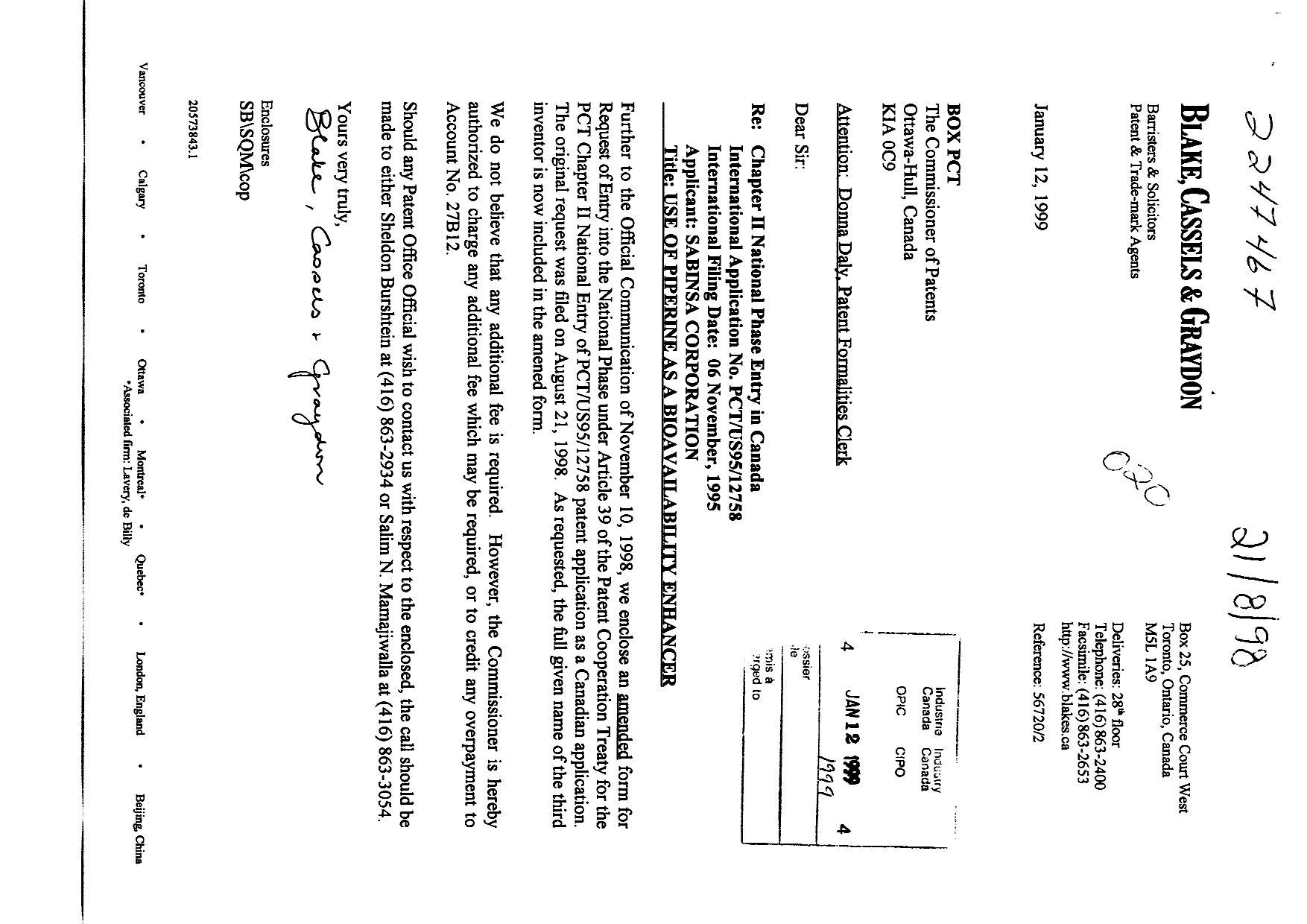 Canadian Patent Document 2247467. Correspondence 19990112. Image 1 of 3