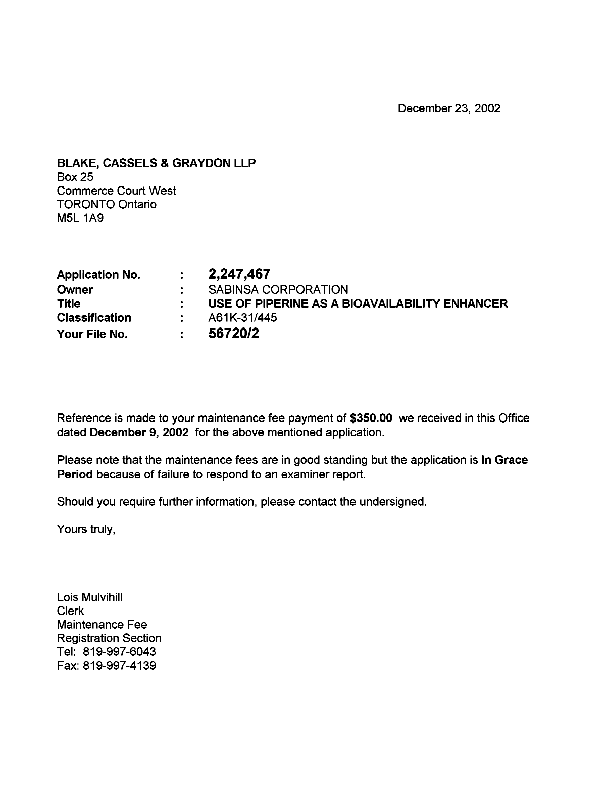 Canadian Patent Document 2247467. Correspondence 20021223. Image 1 of 1