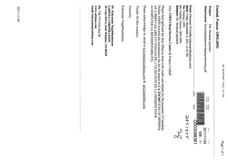 Canadian Patent Document 2247467. Fees 20111104. Image 1 of 2