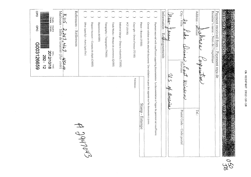Document de brevet canadien 2247467. Taxes 20121018. Image 1 de 1