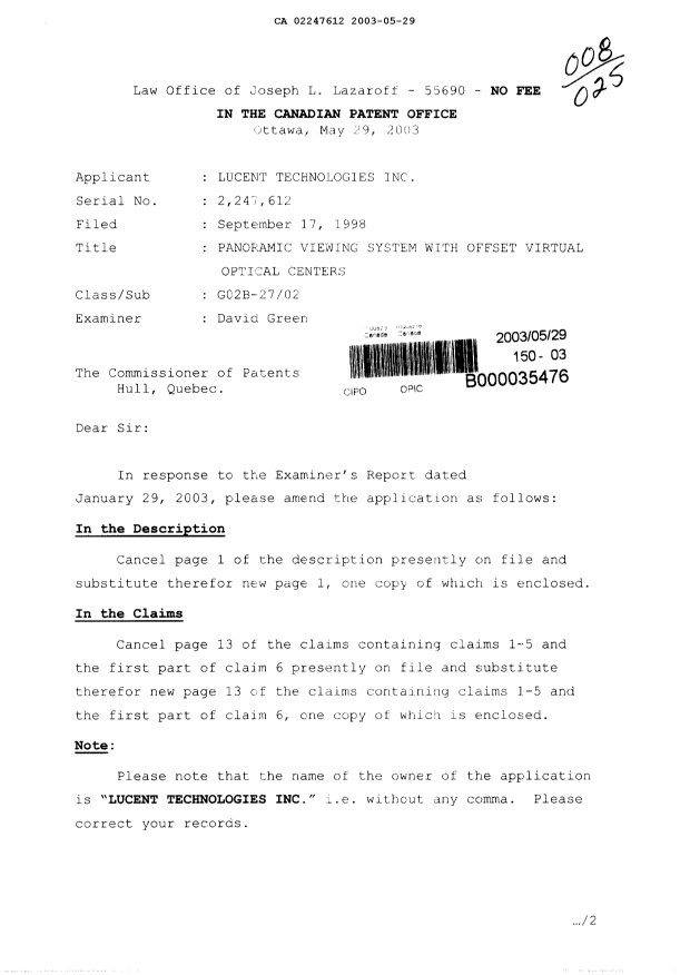 Document de brevet canadien 2247612. Cession 20030529. Image 1 de 3