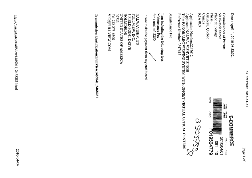 Canadian Patent Document 2247612. Fees 20100401. Image 1 of 1