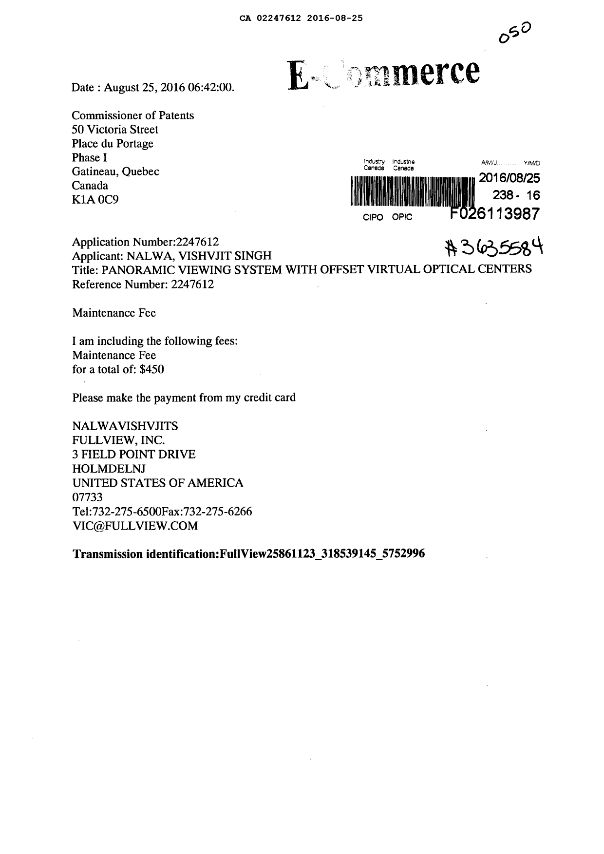 Document de brevet canadien 2247612. Paiement de taxe périodique 20160825. Image 1 de 1