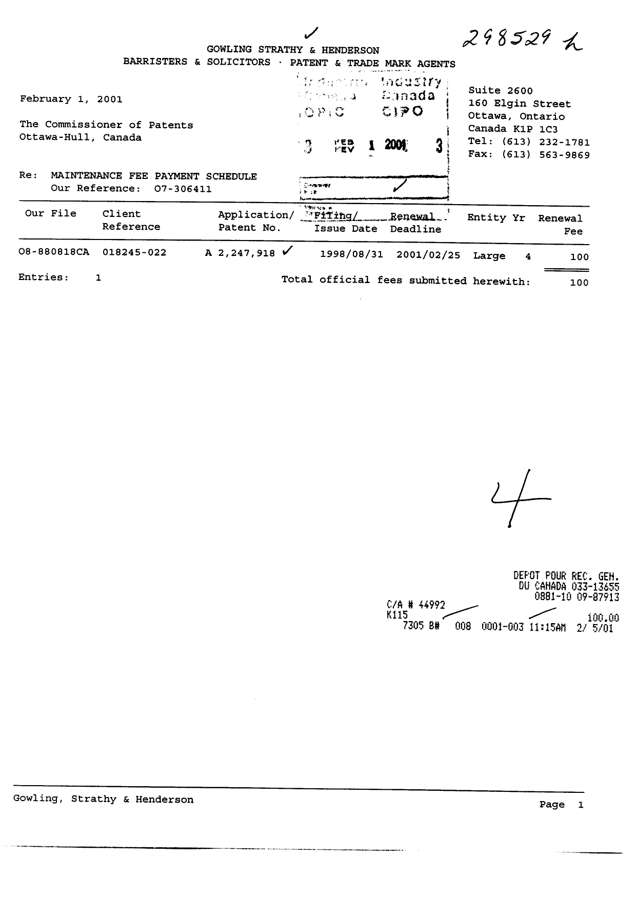 Document de brevet canadien 2247918. Taxes 20010201. Image 1 de 1