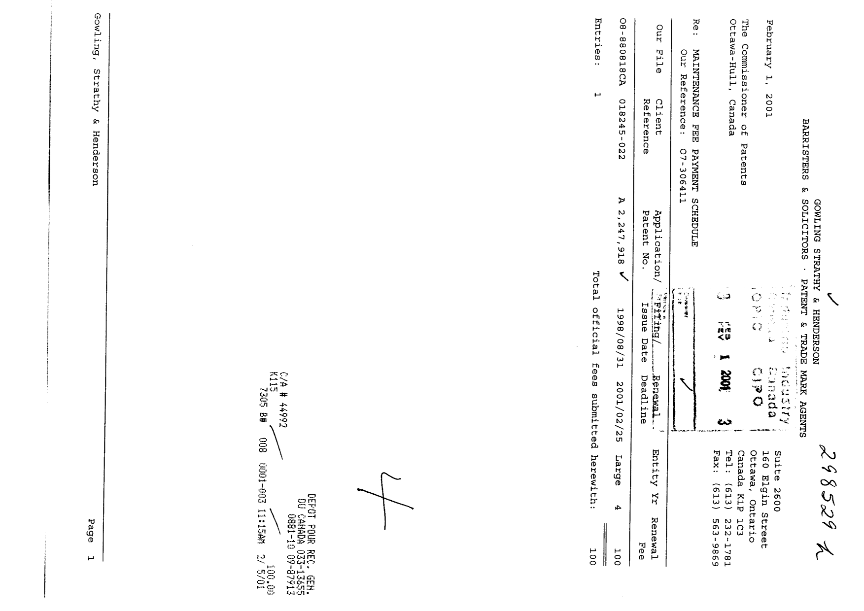 Canadian Patent Document 2247918. Fees 20010201. Image 1 of 1