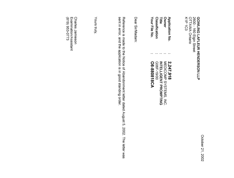 Canadian Patent Document 2247918. Correspondence 20021021. Image 1 of 1