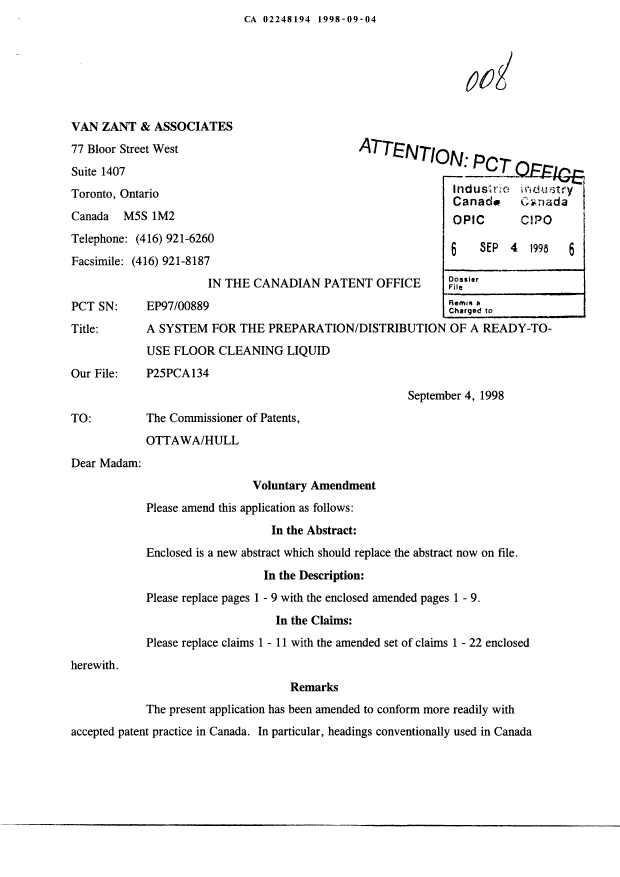 Canadian Patent Document 2248194. Prosecution-Amendment 19980904. Image 1 of 16