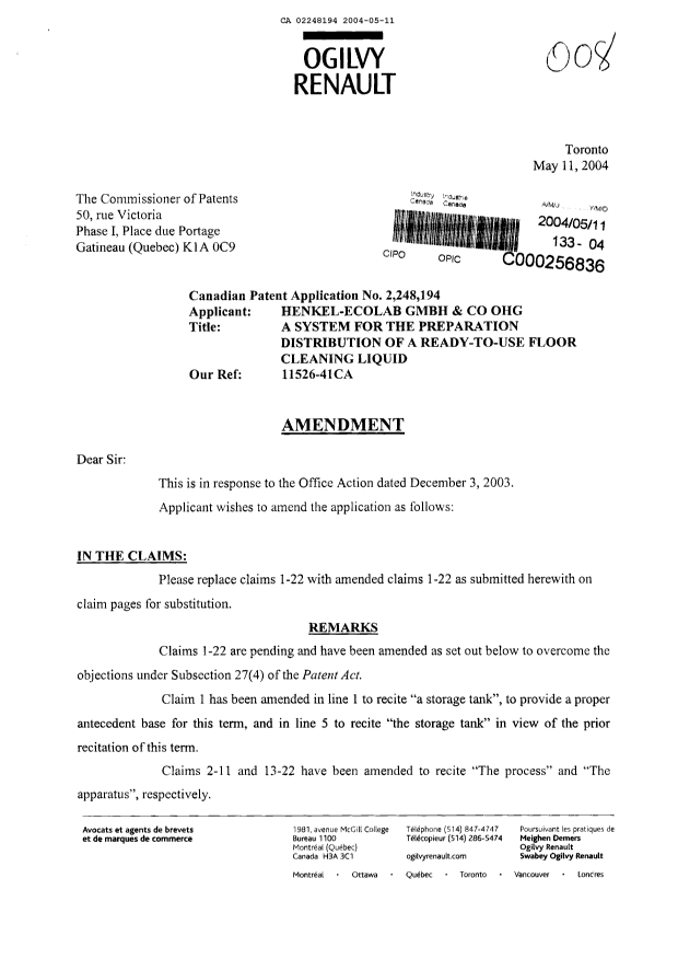 Canadian Patent Document 2248194. Prosecution-Amendment 20040511. Image 1 of 6