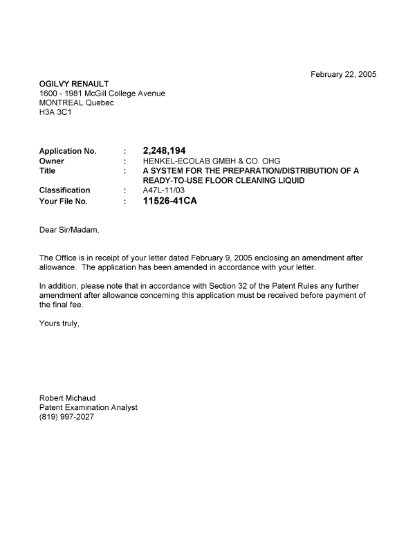 Canadian Patent Document 2248194. Prosecution-Amendment 20050222. Image 1 of 1