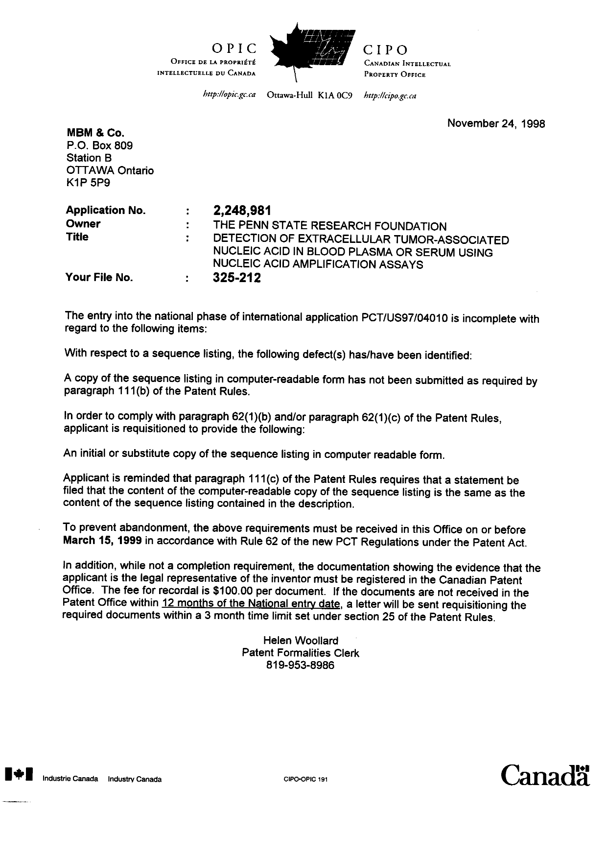 Canadian Patent Document 2248981. Correspondence 19981124. Image 1 of 1
