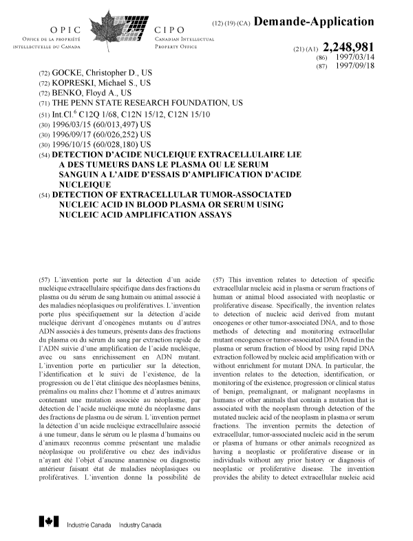 Document de brevet canadien 2248981. Page couverture 19981210. Image 1 de 2