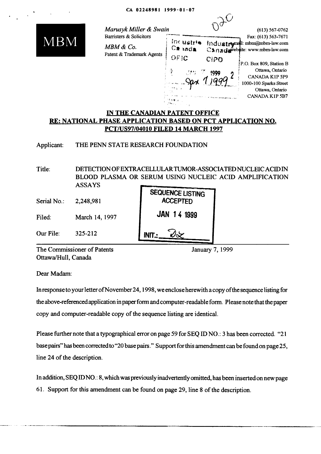 Document de brevet canadien 2248981. Correspondance 19990107. Image 1 de 9