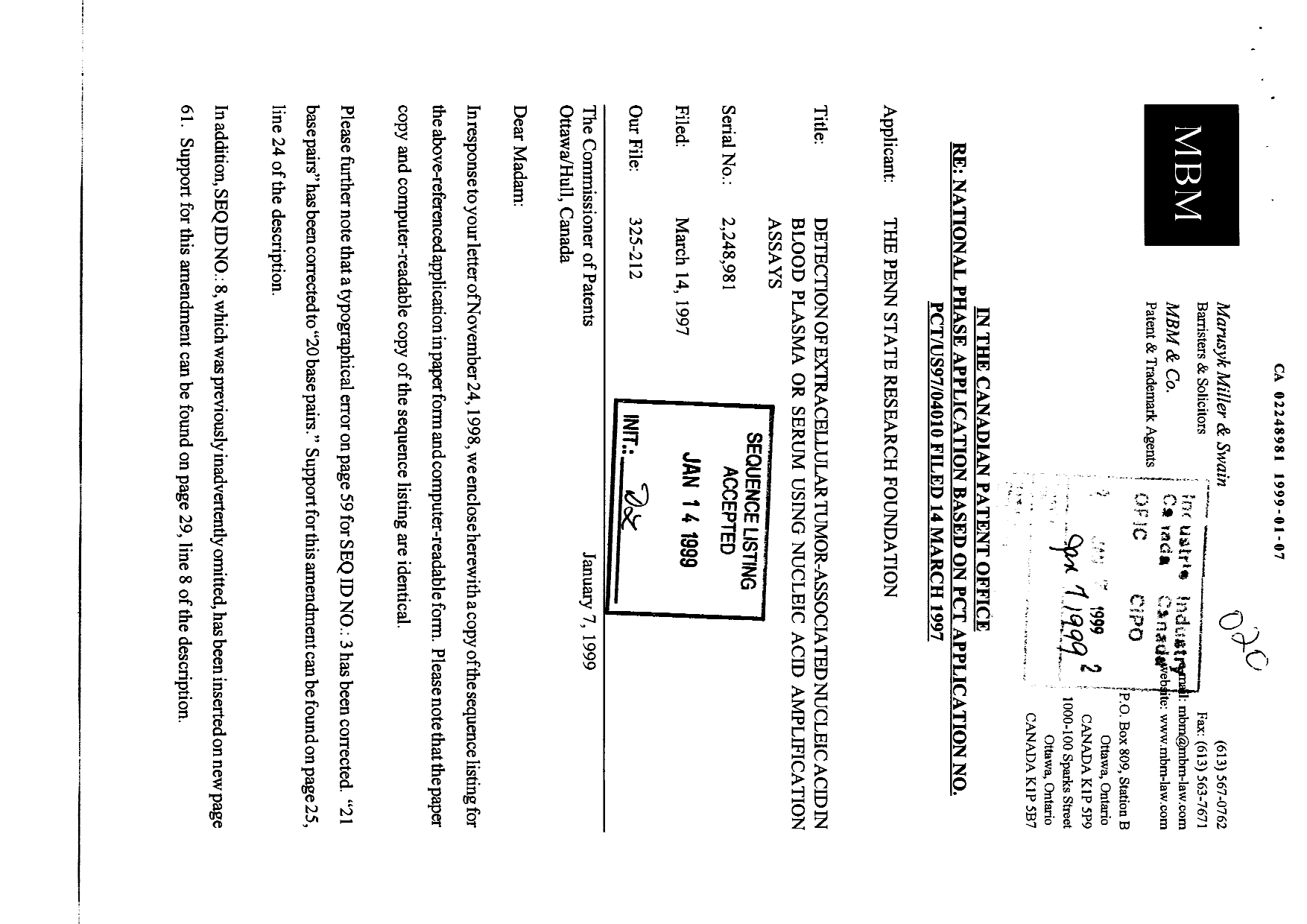 Canadian Patent Document 2248981. Correspondence 19990107. Image 1 of 9