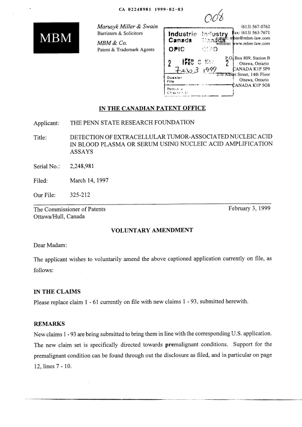 Canadian Patent Document 2248981. Prosecution-Amendment 19990203. Image 1 of 20