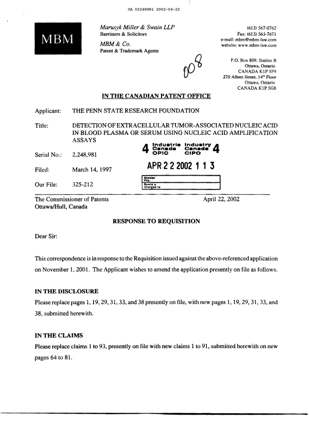 Canadian Patent Document 2248981. Prosecution-Amendment 20020422. Image 1 of 27