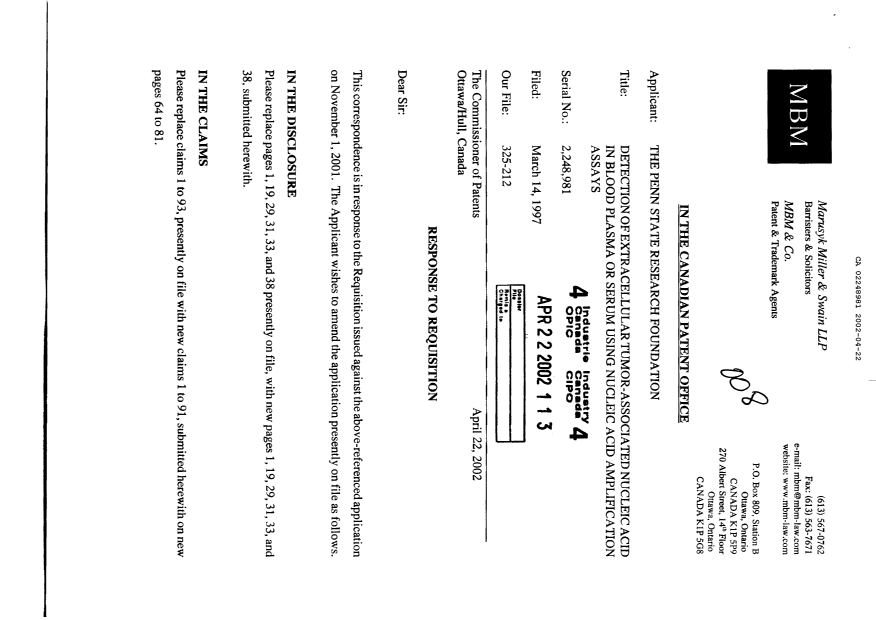 Document de brevet canadien 2248981. Poursuite-Amendment 20020422. Image 1 de 27