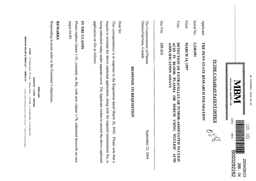 Document de brevet canadien 2248981. Poursuite-Amendment 20040923. Image 1 de 24
