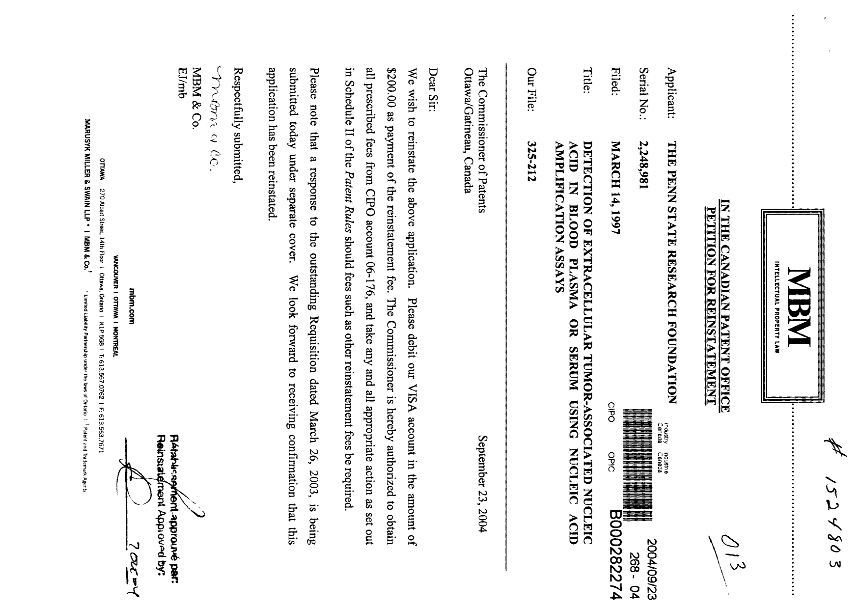 Canadian Patent Document 2248981. Prosecution-Amendment 20040923. Image 1 of 1