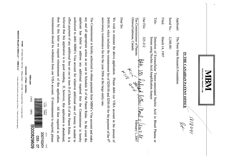 Document de brevet canadien 2248981. Taxes 20070201. Image 1 de 2