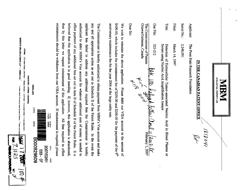 Document de brevet canadien 2248981. Taxes 20070201. Image 1 de 3