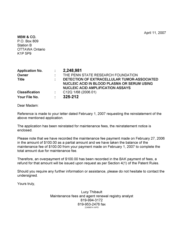 Canadian Patent Document 2248981. Correspondence 20070411. Image 1 of 1