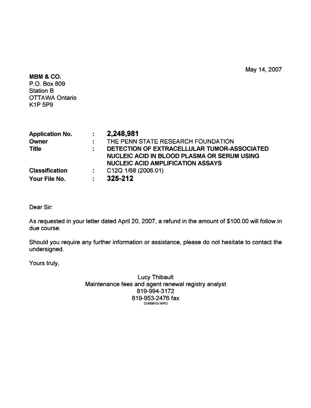 Document de brevet canadien 2248981. Correspondance 20070514. Image 1 de 1