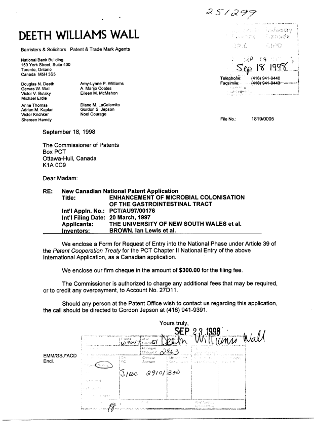 Document de brevet canadien 2249361. Cession 19980918. Image 1 de 3