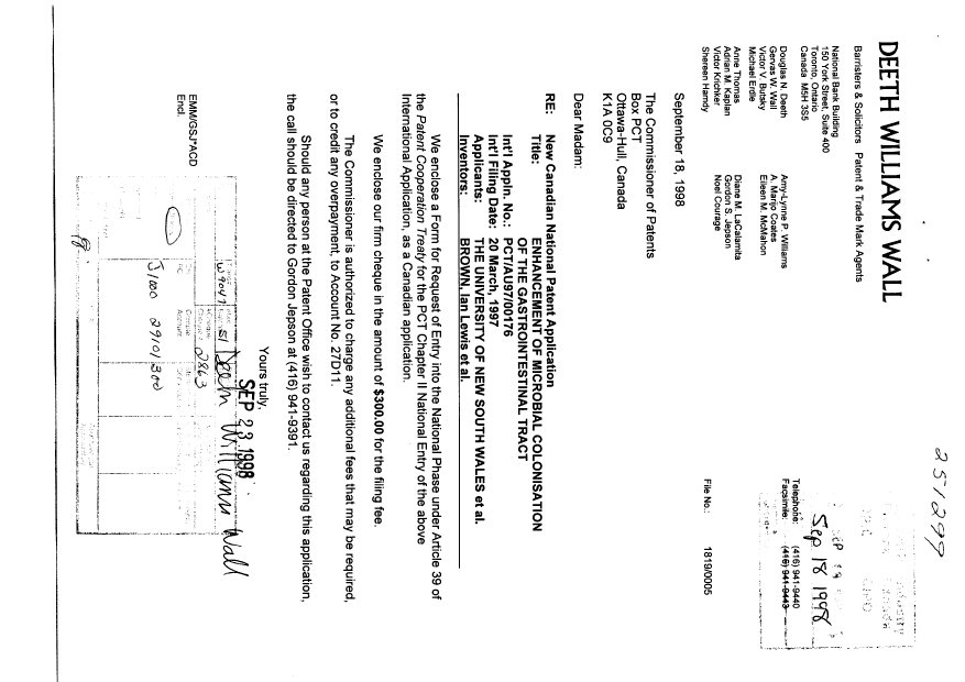 Canadian Patent Document 2249361. Assignment 19980918. Image 1 of 3