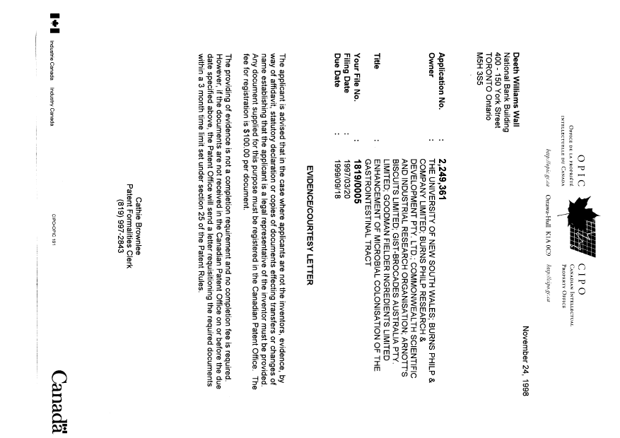 Canadian Patent Document 2249361. Correspondence 19981124. Image 1 of 1