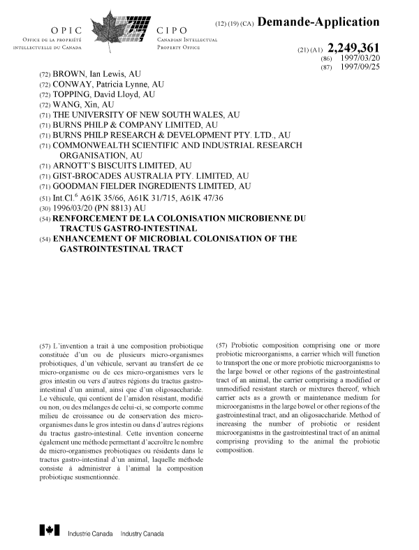 Document de brevet canadien 2249361. Page couverture 19981215. Image 1 de 1