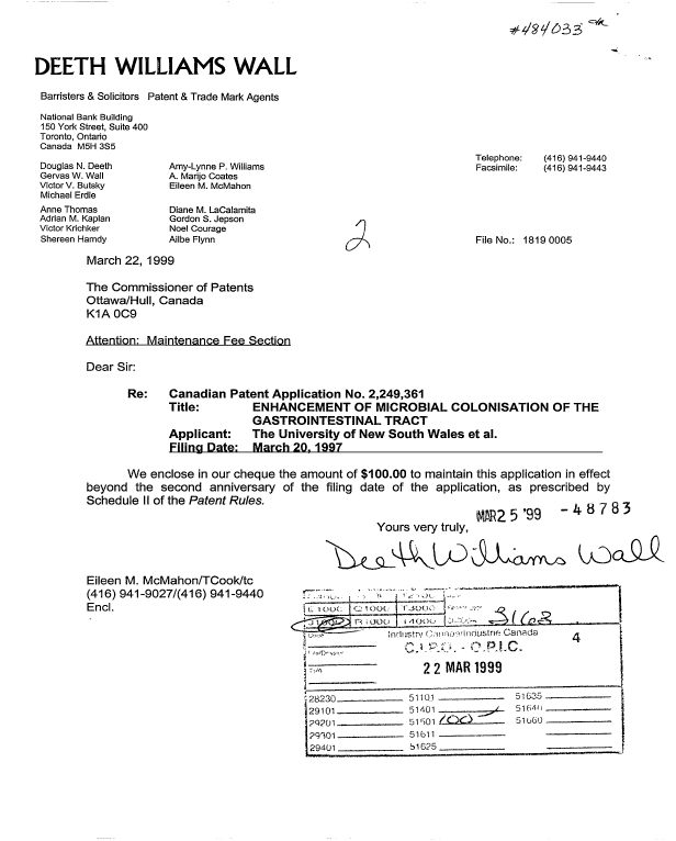 Document de brevet canadien 2249361. Taxes 19990322. Image 1 de 1