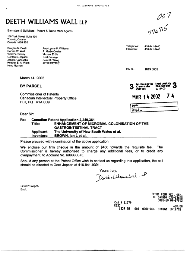 Canadian Patent Document 2249361. Prosecution-Amendment 20020314. Image 1 of 1