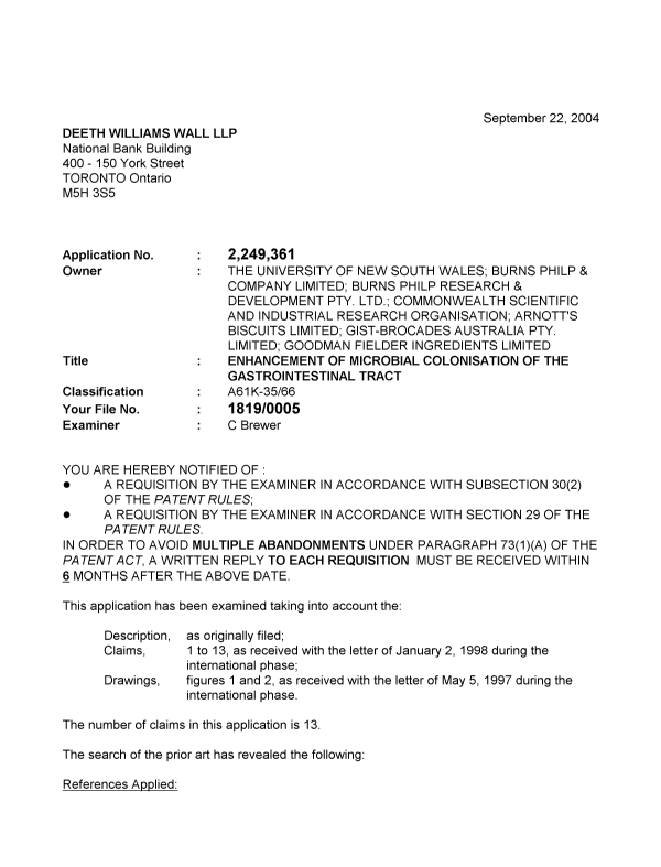 Canadian Patent Document 2249361. Prosecution-Amendment 20040922. Image 1 of 3