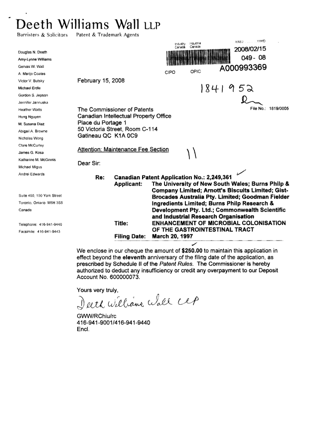 Canadian Patent Document 2249361. Fees 20080215. Image 1 of 1